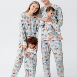 Tecknad Santa Älg House Snowman Pattern Christmas Pyjamas Familjen