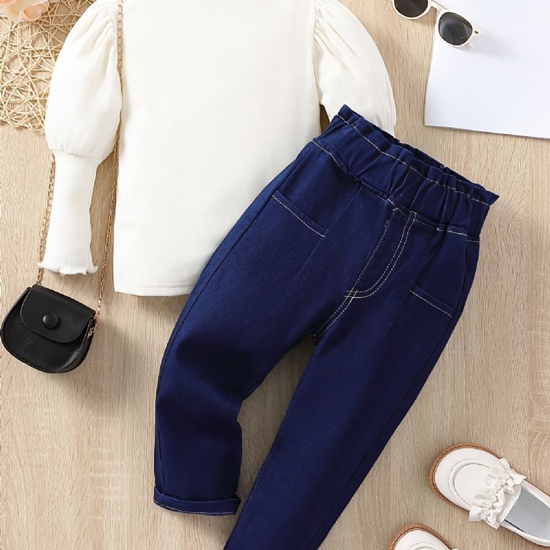 2st Flickor Vit Puffärm Topp Elastisk Midja Jeansbyxor Set Kläder