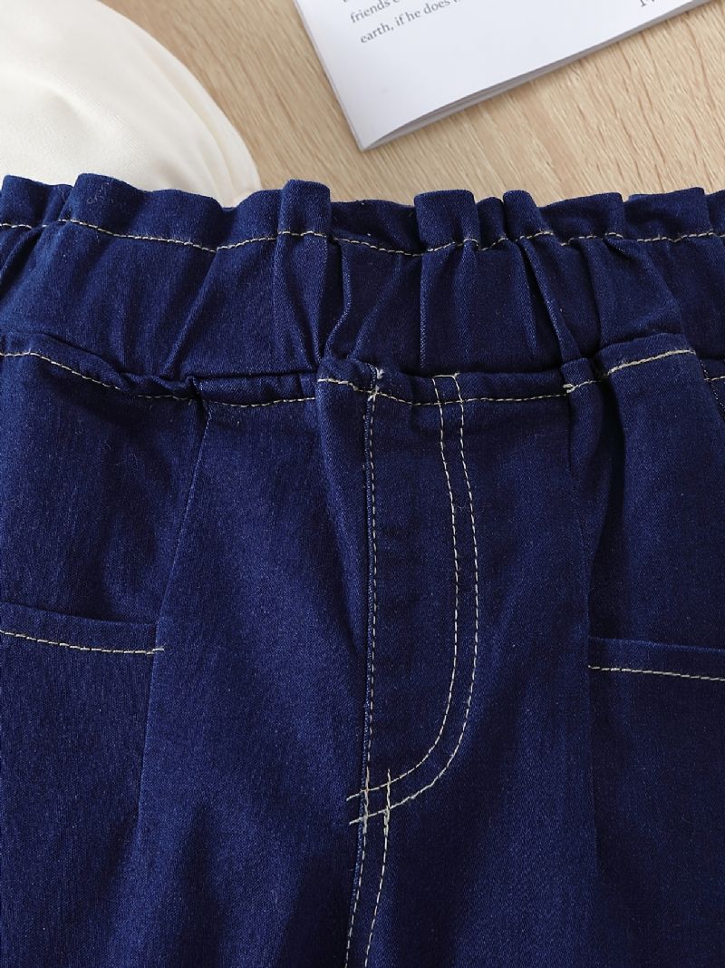 2st Flickor Vit Puffärm Topp Elastisk Midja Jeansbyxor Set Kläder