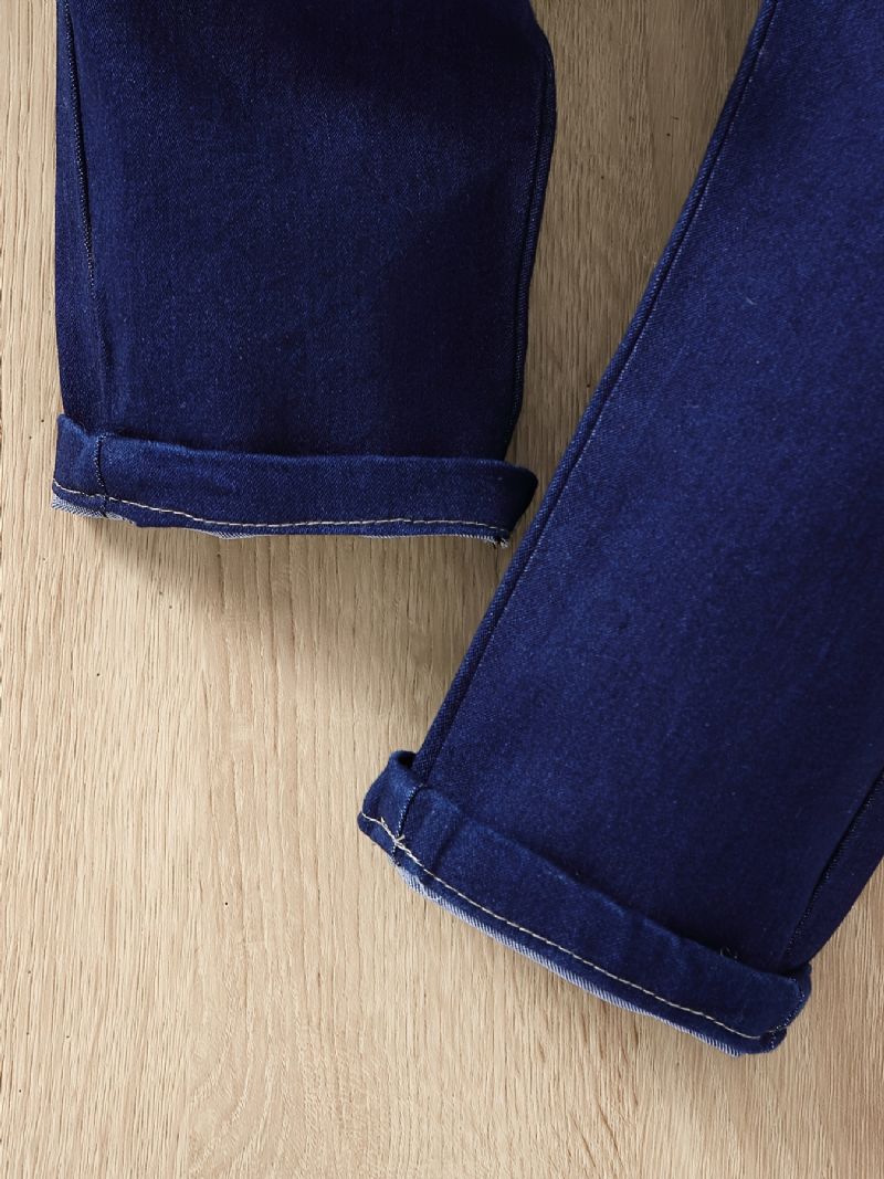 2st Flickor Vit Puffärm Topp Elastisk Midja Jeansbyxor Set Kläder