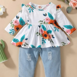 2st Spädbarn Flickor Blommor Med Rund Hals Gylfärmad Topp & Rippade Jeansset Barnkläder