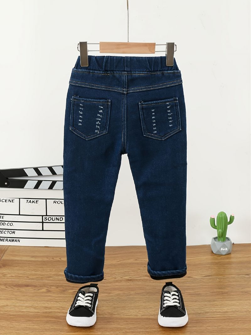 Barn Flickor Denim Plysch Varma Jeans Broderi Tecknad Höst Vinter
