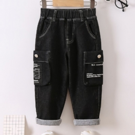 Barn Pojkar Casual Denim Mode Jeans Letter Print Pocket Byxor