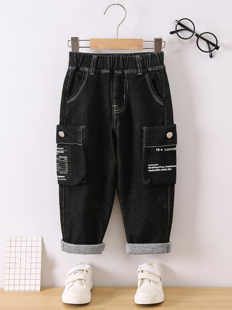 Barn Pojkar Casual Denim Mode Jeans Letter Print Pocket Byxor