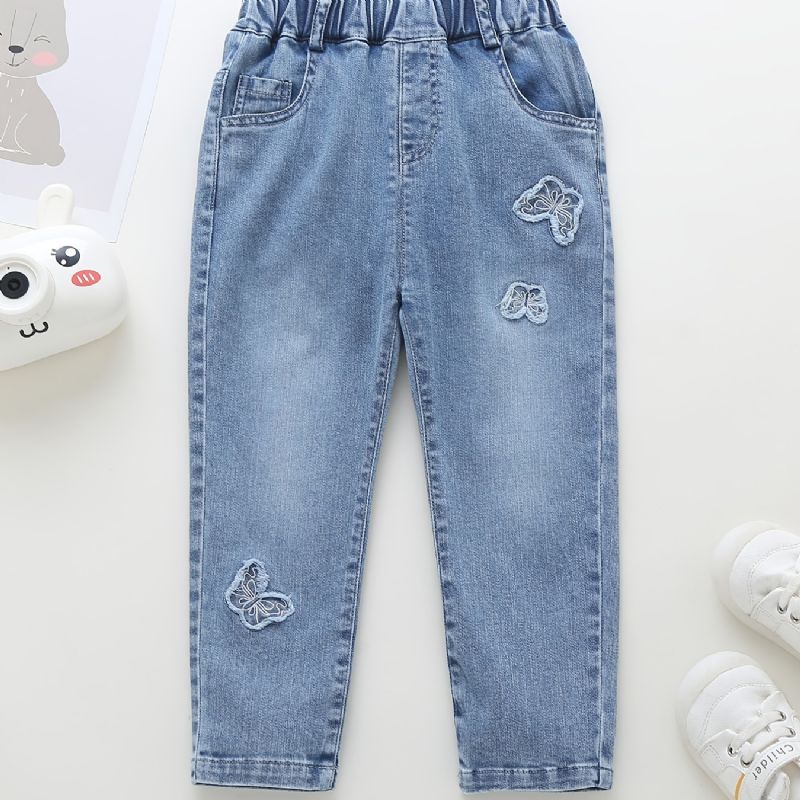 Bebis Flickor Avsmalnande Jeans Med Fjärilstryck Elastiskt Midjeband För Höst Och Vinter Nytt