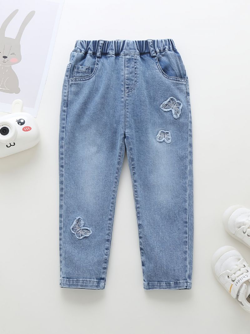Bebis Flickor Avsmalnande Jeans Med Fjärilstryck Elastiskt Midjeband För Höst Och Vinter Nytt