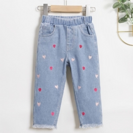 Bebis Flickor Casual Jeans Hjärta Broderi Byxor Barnkläder