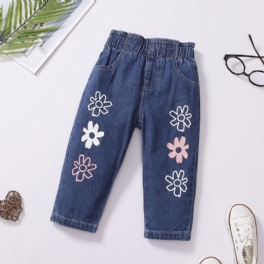 Bebis Flickor Denim Casual Mode Jeans Blommor Print Byxa Barnkläder