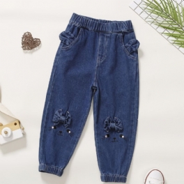 Bebis Flickor Jeans Barn Elastisk Midja Kanin Broderade Joggingbyxor