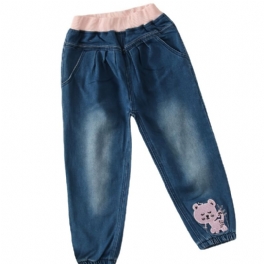 Bebis Flickor Jeans Elastisk Midja Katt Broderade Byxor Barnkläder