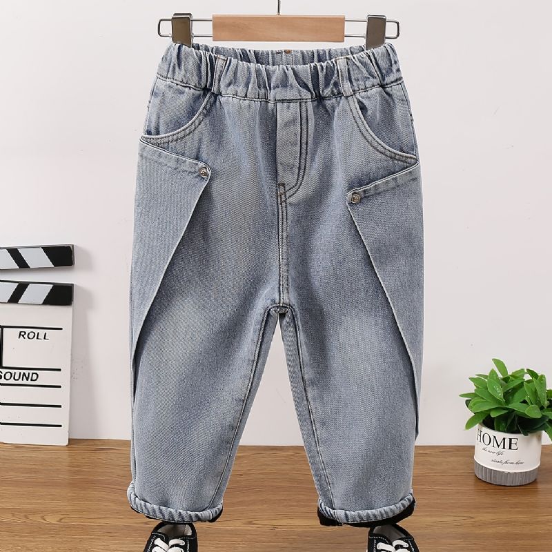 Bebis Pojkar Jeans Casual Plysch Varm Elastisk Midja Byxor Barnkläder