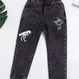 Bebis Pojkar Retro Jeans Casual Dinosaur Print Elastisk Midja Jeansbyxor Barnkläder