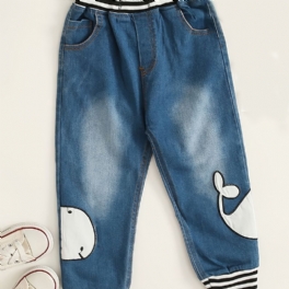 Elastisk Midja För Flickor Delfinbroderade Blekta Jeans Barnkläder
