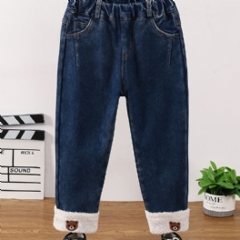 Fleece Jeans Med Raka Ben För Flickor Björnmönster Elastiskt Midjeband Jeansbyxor För Vinter Barnkläder