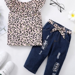 Flickor Ärmlös Leopard Print Top + Matchande Bälte Ripped Jeans Barnkläder