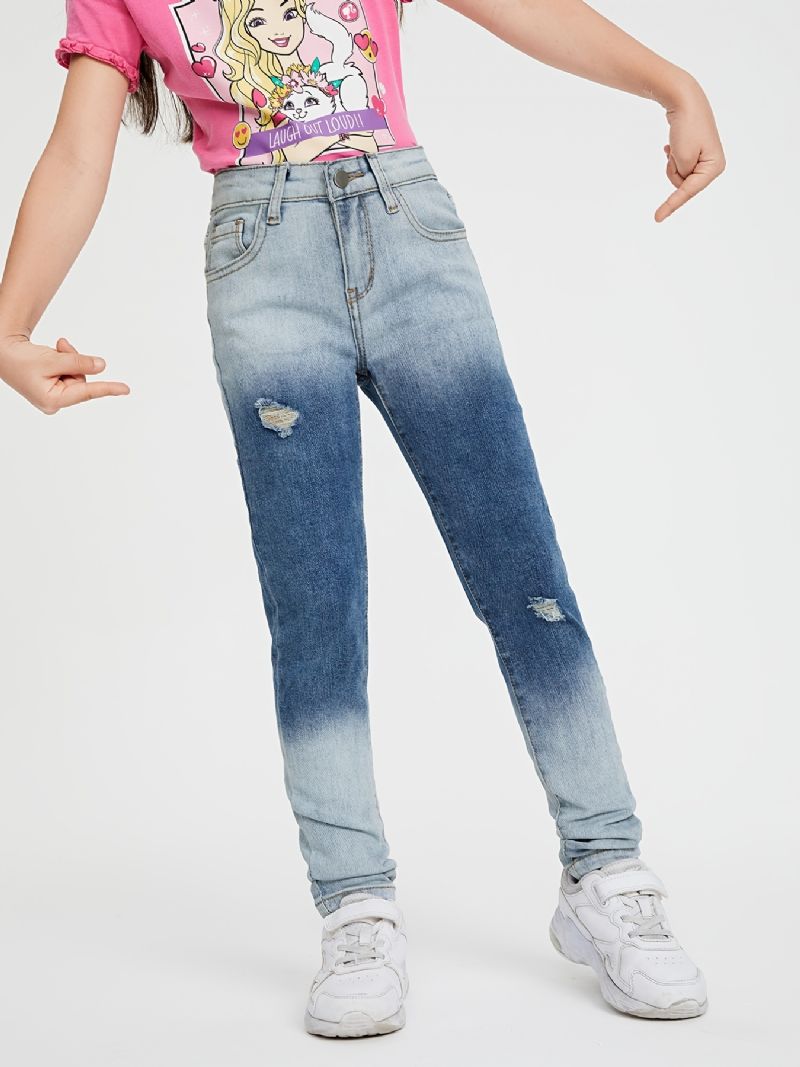 Flickor Casual Loose Fit Ripped Denim Jeans Med Ficka För Vinter Ljusblå & Mörkblå Mix
