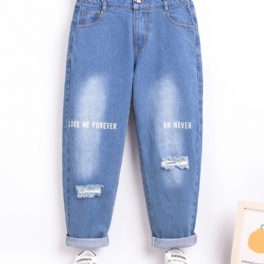 Flickor Retro Ripped Jeans Bokstäver Print Denim Byxor