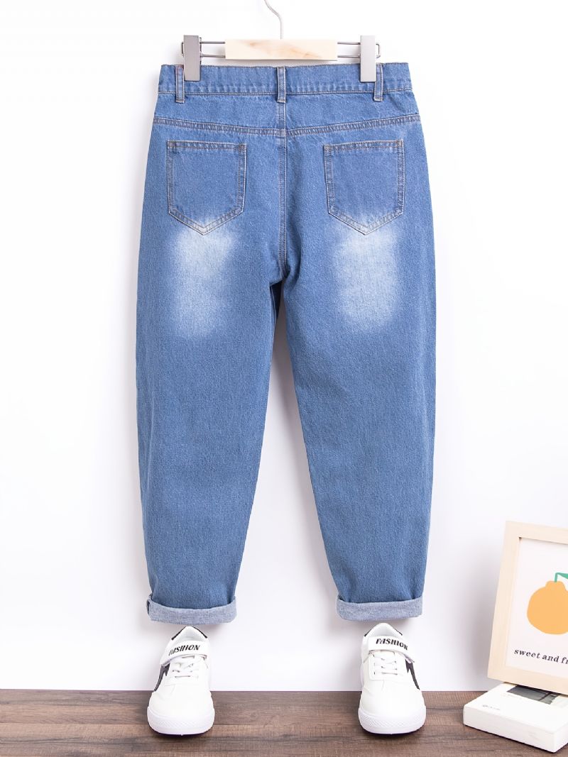 Flickor Retro Ripped Jeans Bokstäver Print Denim Byxor