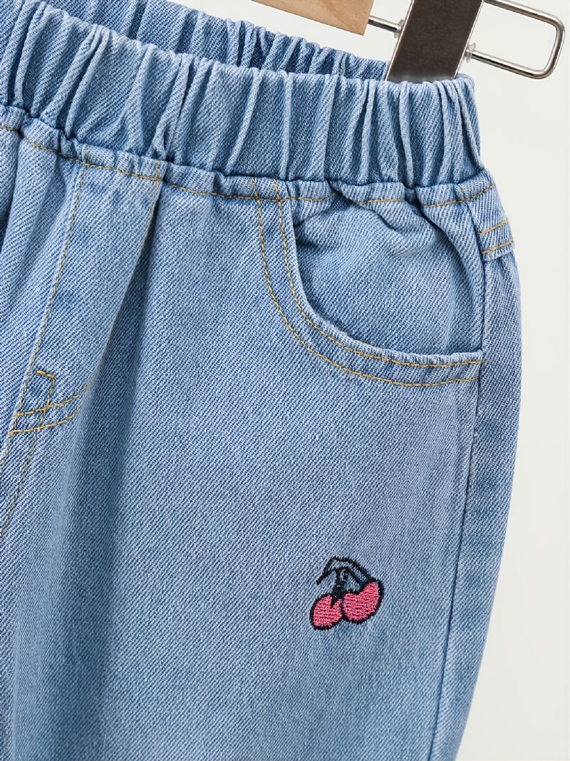 Flickor Söt Körsbärsbroderi Denim Casual Jeans Höst Vinter