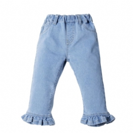 Flickor Solid Volang Utsvängda Jeans Elastiskt Midjeband Jeansbyxor Bebis Barnkläder
