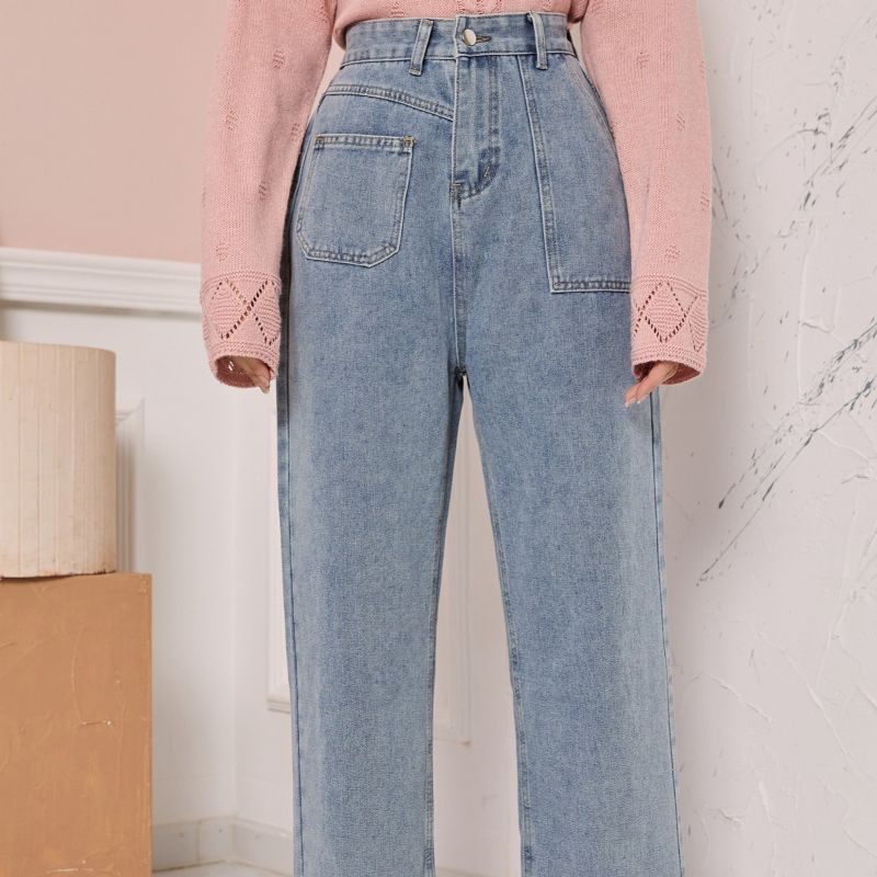 Jeans Med Hög Midja Vid Ben För Kvinnor Flicka Med Knapp Gylf Loose Fit Boot Cut Med Vida Ben