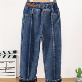 Jeans Med Raka Ben För Flickor Casual Plysch Varm Elastisk Midja Jeansbyxor Barnkläder