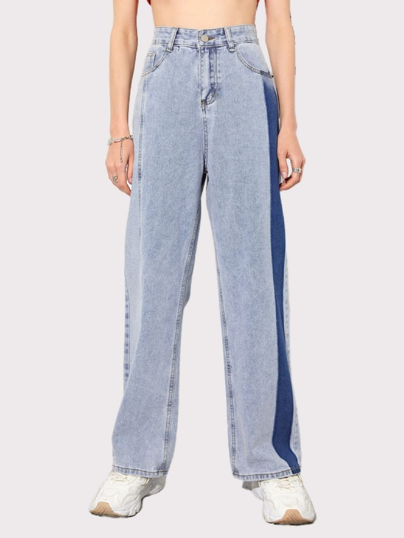 Kvinnors Colorblock High Wasit Jeans Med Raka Ben För Flickor Med Knappgylf Y2k Style