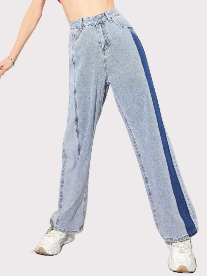 Kvinnors Colorblock High Wasit Jeans Med Raka Ben För Flickor Med Knappgylf Y2k Style