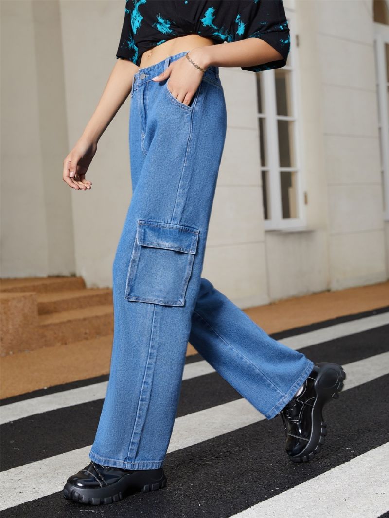 Kvinnors Multificka Hög Midja Knapp Fly Cargo Jeans Flickor Street Style