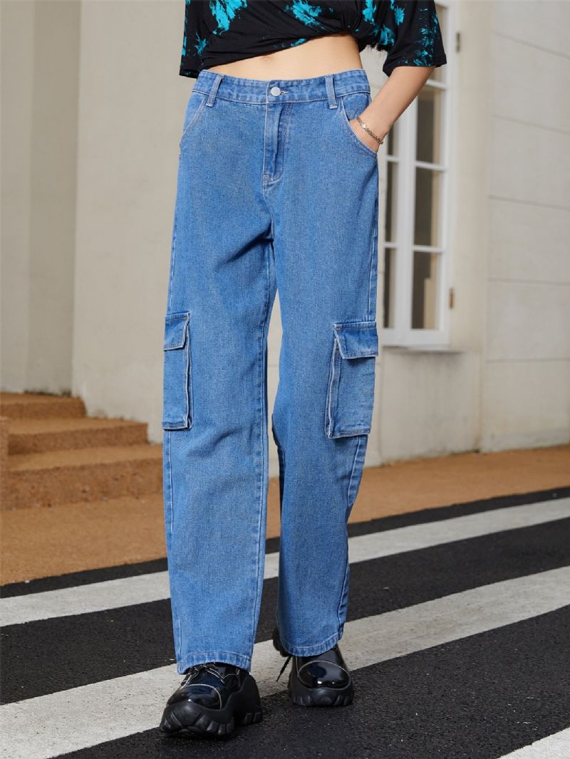 Kvinnors Multificka Hög Midja Knapp Fly Cargo Jeans Flickor Street Style