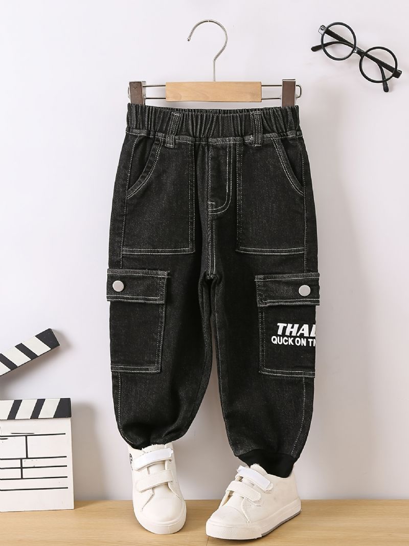 Pojkar Casual Black Pocket Front Elastisk Midja Jeans Kläder