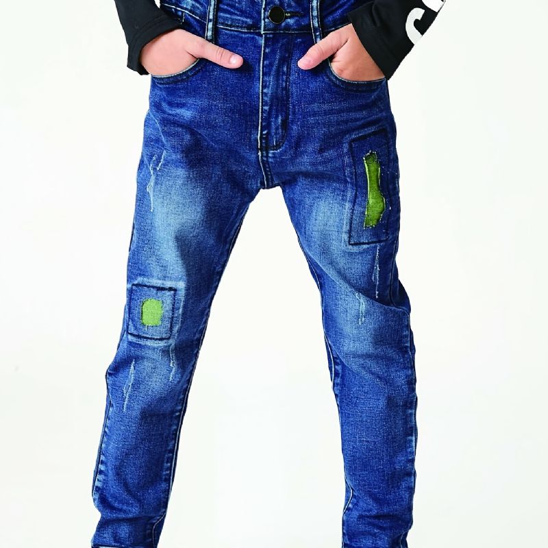 Pojkar Casual Enkel Vintage Denim Jeans Ripped Patch Raka Ben Färg Block Byxor