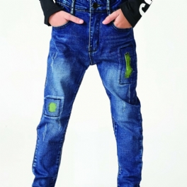 Pojkar Casual Enkel Vintage Denim Jeans Ripped Patch Raka Ben Färg Block Byxor