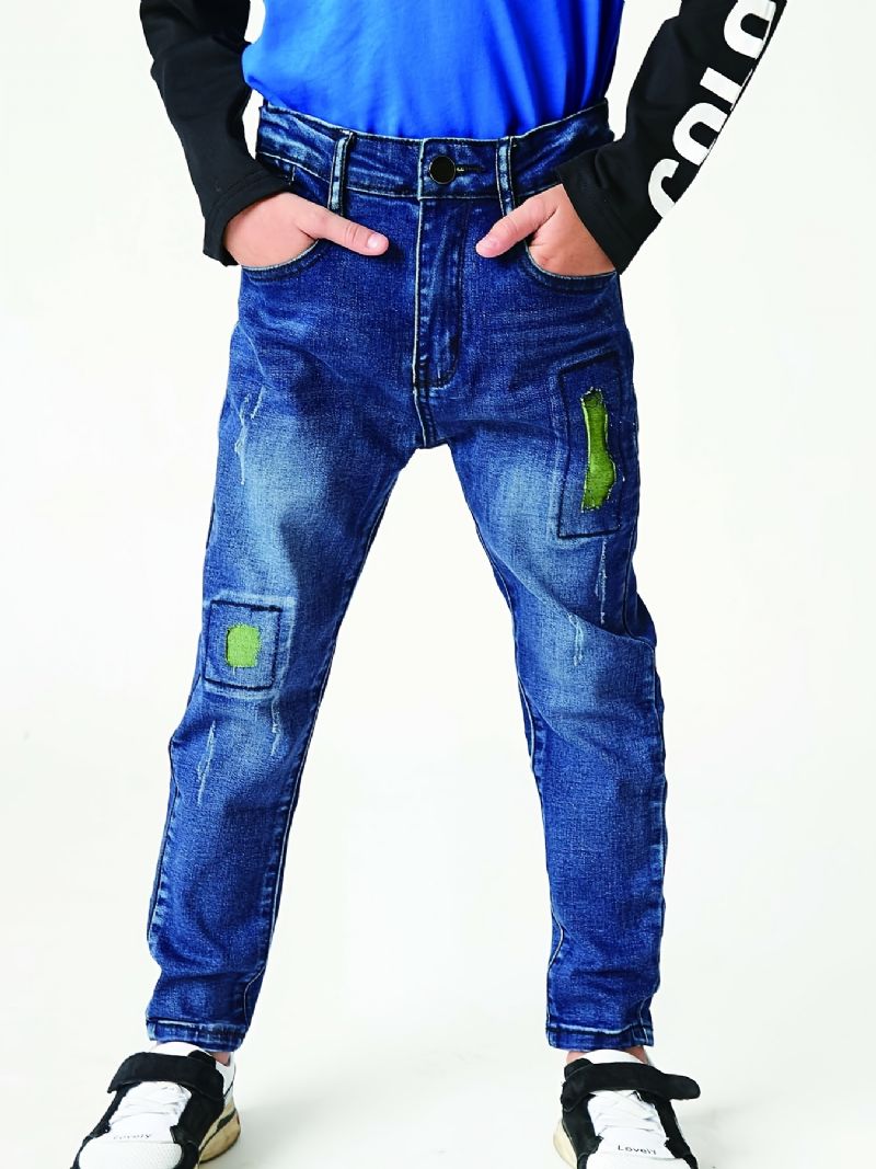 Pojkar Casual Enkel Vintage Denim Jeans Ripped Patch Raka Ben Färg Block Byxor