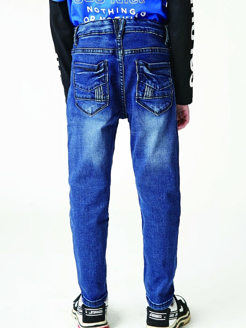 Pojkar Casual Enkel Vintage Denim Jeans Ripped Patch Raka Ben Färg Block Byxor