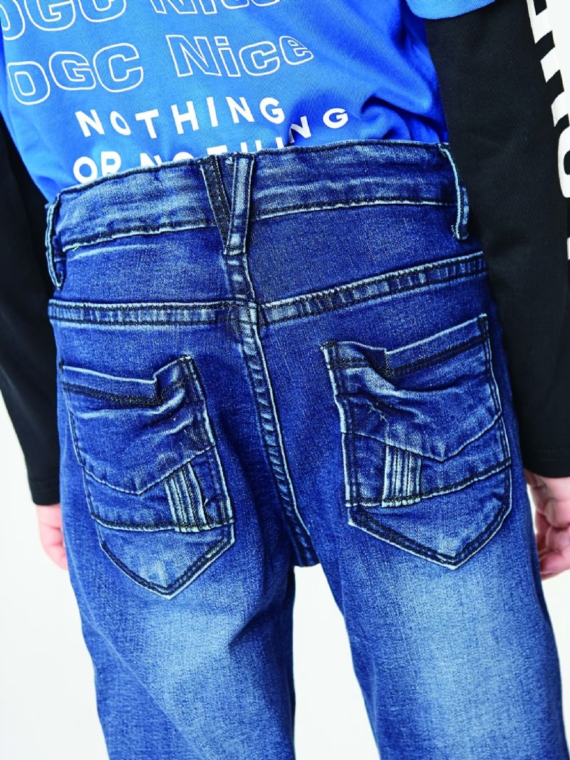 Pojkar Casual Enkel Vintage Denim Jeans Ripped Patch Raka Ben Färg Block Byxor