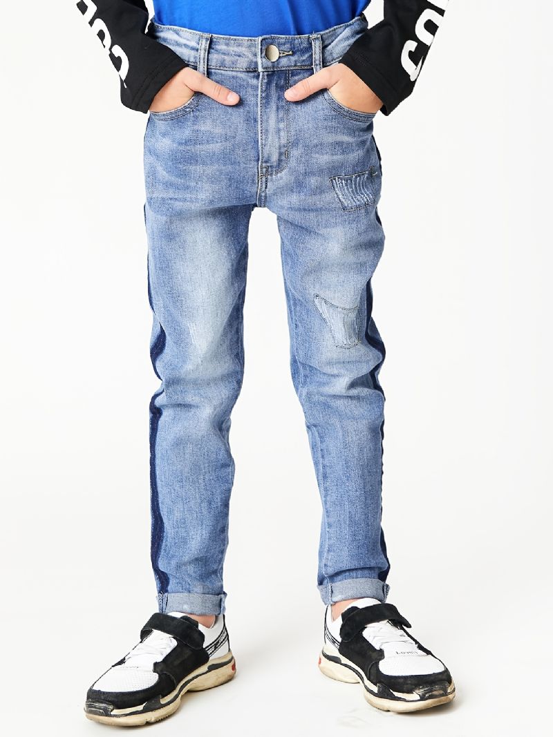 Pojkar Casual Enkel Vintage Ripped Denim Jeans Slim Fit Randiga Color Block Byxor