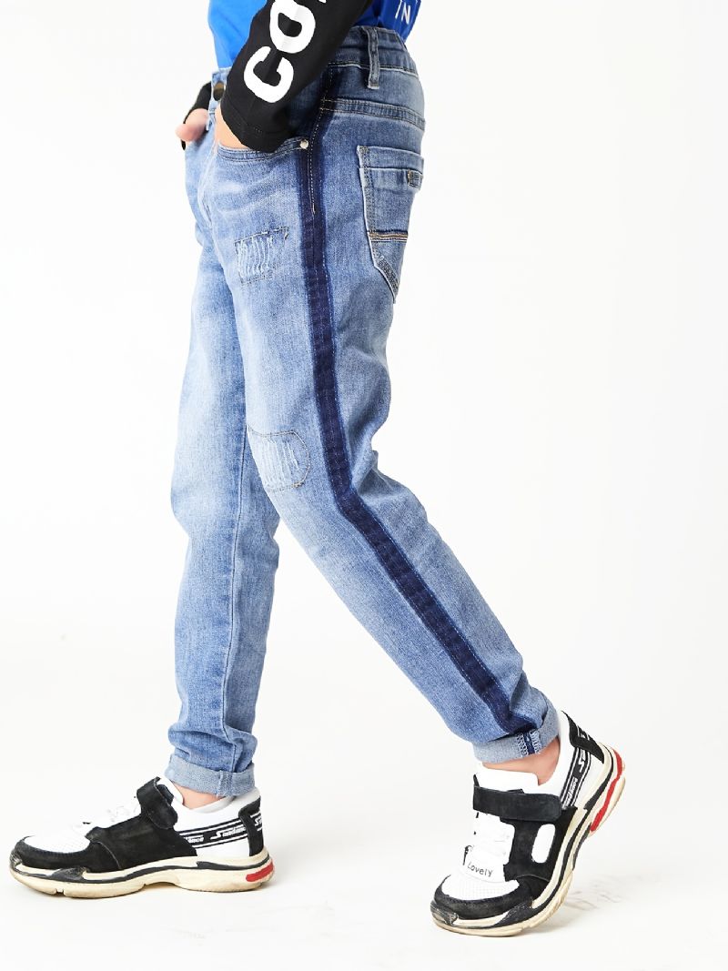 Pojkar Casual Enkel Vintage Ripped Denim Jeans Slim Fit Randiga Color Block Byxor