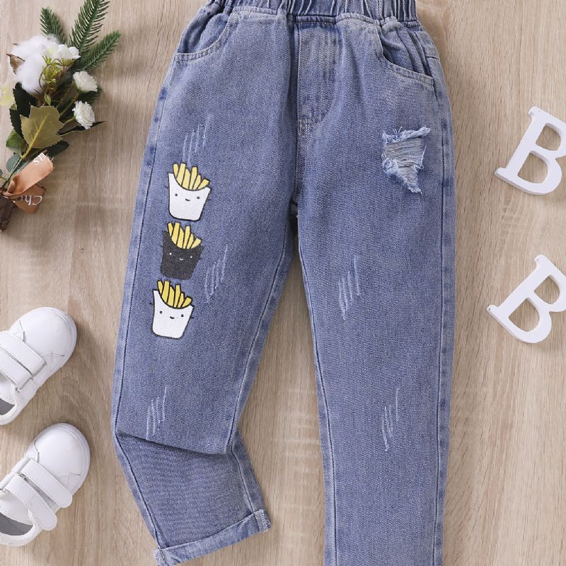 Pojkar Mode Fries Print Ripped Jeans