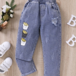 Pojkar Mode Fries Print Ripped Jeans