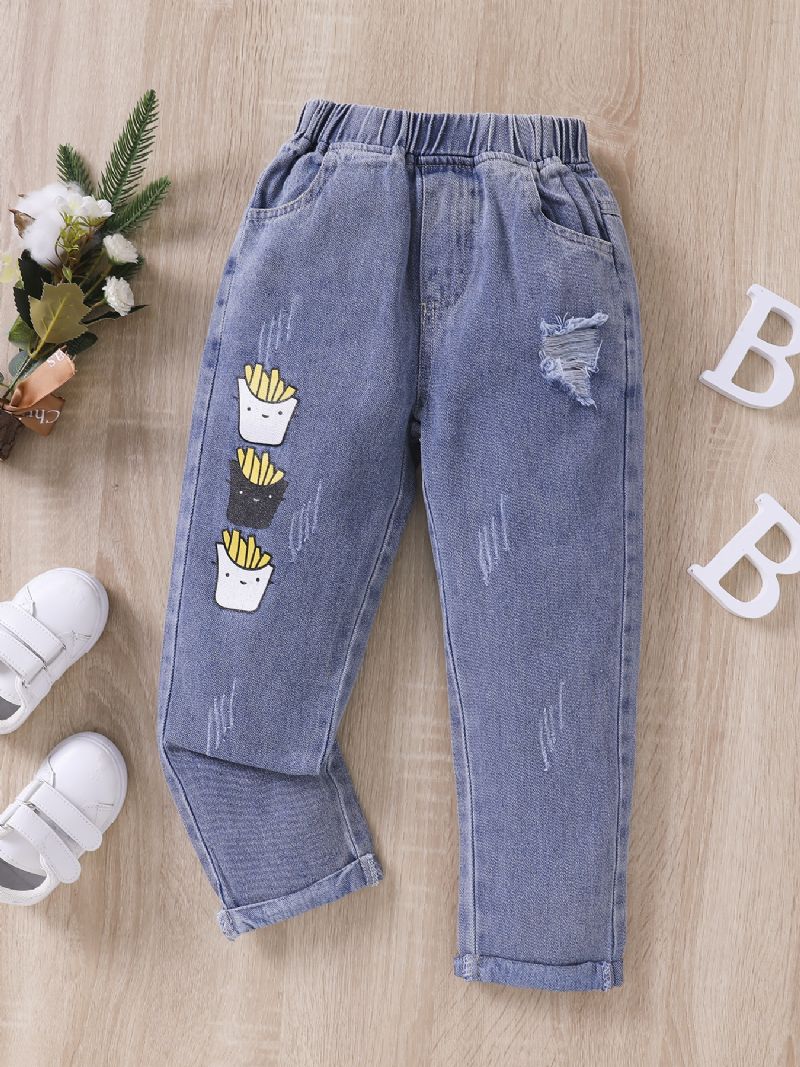 Pojkar Mode Fries Print Ripped Jeans