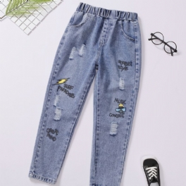 Pojkar Mode Tecknad Print Ripped Bomull Jeans