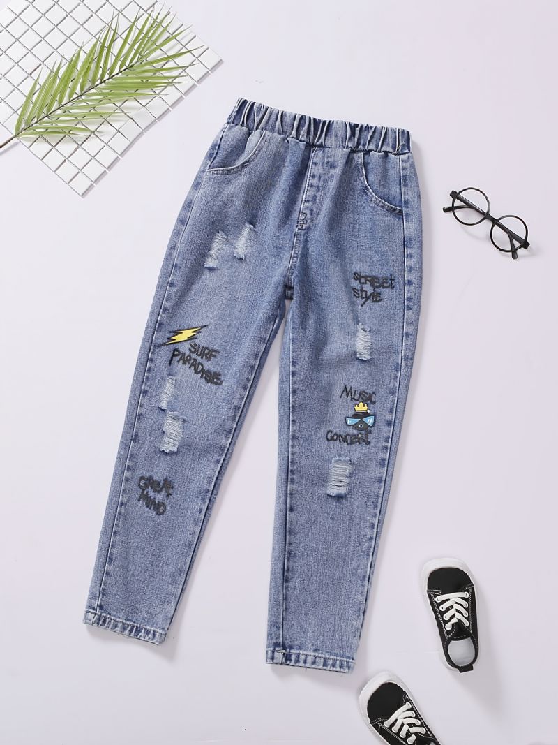 Pojkar Mode Tecknad Print Ripped Bomull Jeans