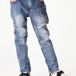 Pojkar Multifickor Faded Washed Denim Jeans Casual Barnkläder