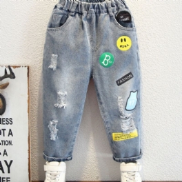 Pojkar Ripped Applique Print Casual Jeans