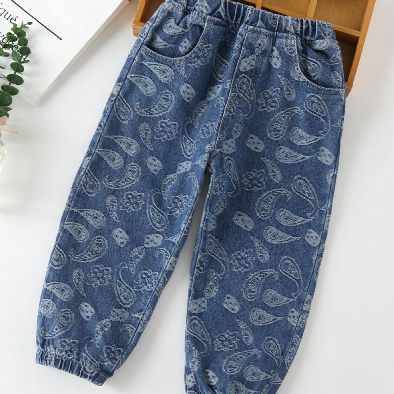 Pojkar Stretch Avsmalnande Jeans Geometriskt Mönster Elastiskt Midjeband Jeansbyxor Barnkläder