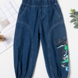 Småbarn Pojkar Dinosaur Grafiska Casual Jeans Elastiska Midjeband Jeansbyxor