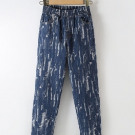Street Style Ripped Denim Jeans Med Stretchig Midja För Vintern
