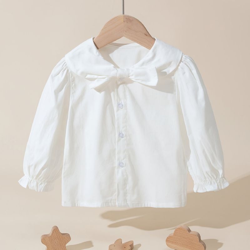 Bebis Flickor Bomullsskjorta Långärmad Button Bow Blus Top Barnkläder