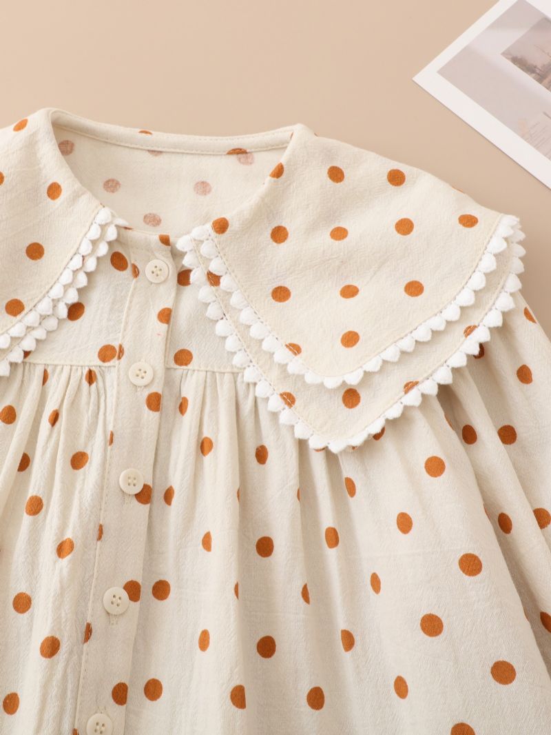 Flickor Polka Dots Volang Fåll Lykta Långärmad Krage Blus